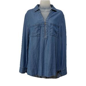 SOHO Jeans Chambray Denim Top L Lyocell Zip Front Long Sleeve Shirt